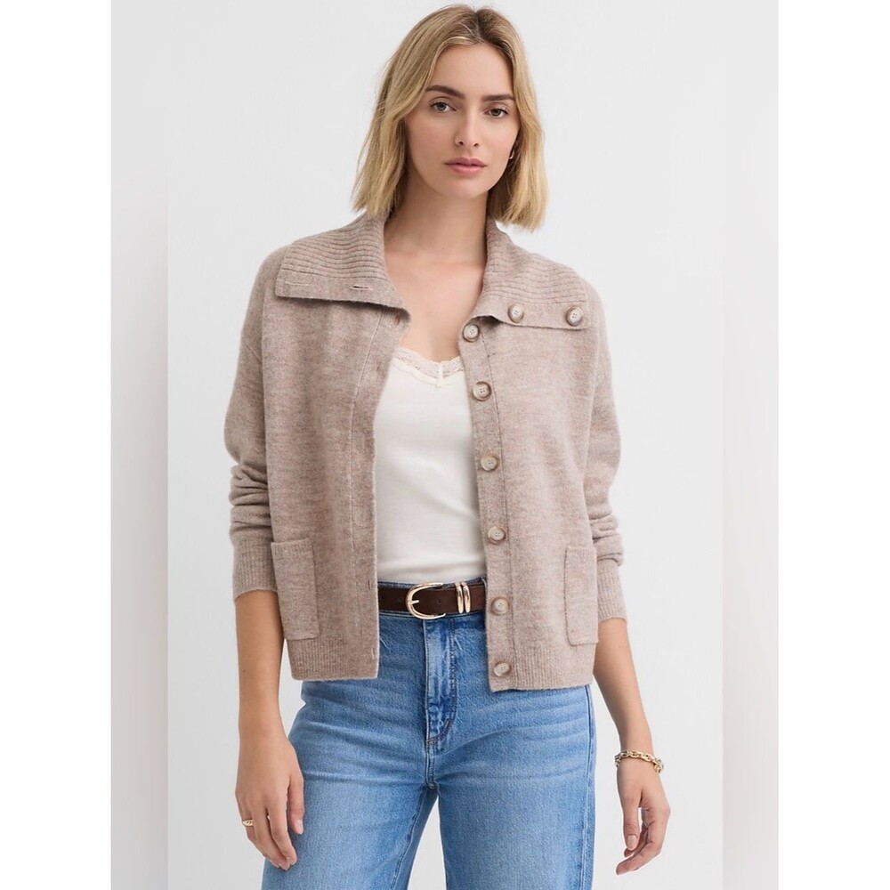 LOFT Petite Wide Collared Sweater Jacket Heather Taupe Size LP